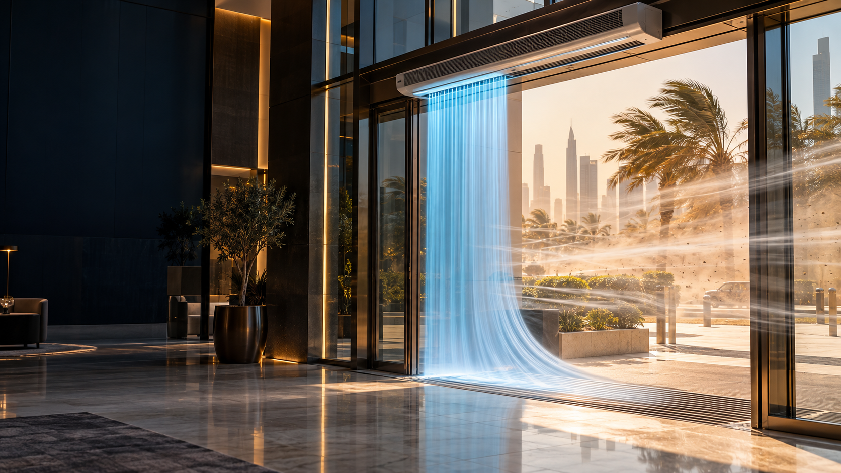 ستارة هوائية مركبة داخل المبنى مع رياح جانبية عند المدخل